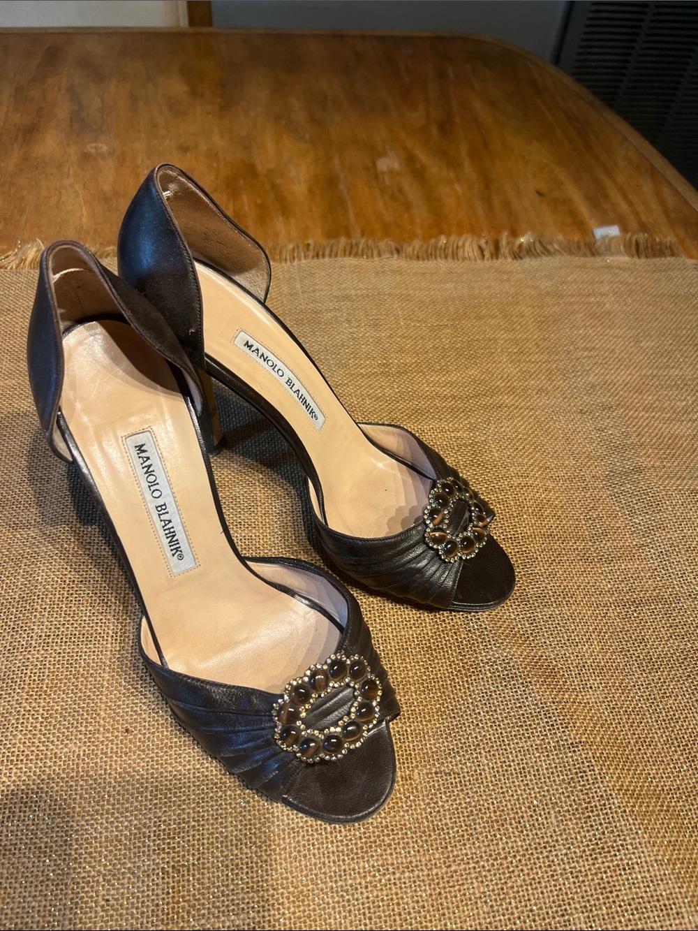 Manolo Blahnik Black Open-Toe D'Orsay Heels with Gold Jeweled Buckles